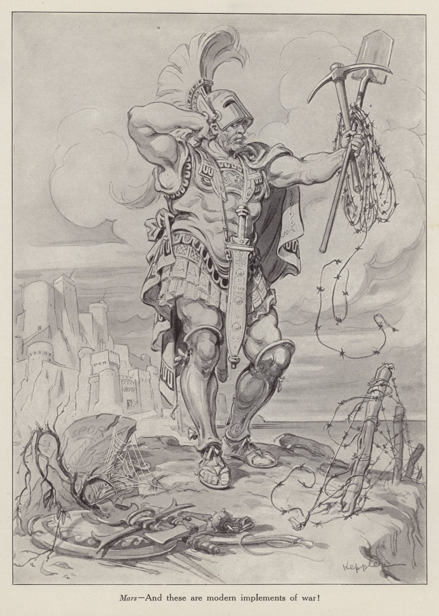 Mars, římský bůh války, držící lopaty a ostnatý drát používaný v zákopové válce (litografie) od American School