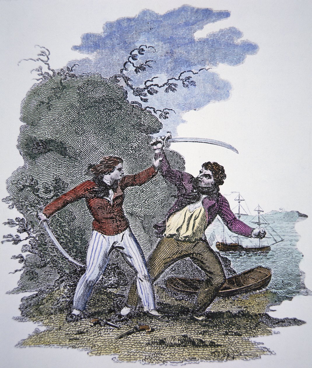 Mary Read bojuje s dalším pirátem, aby zachránila život svému milenci (barevná rytina) od American School