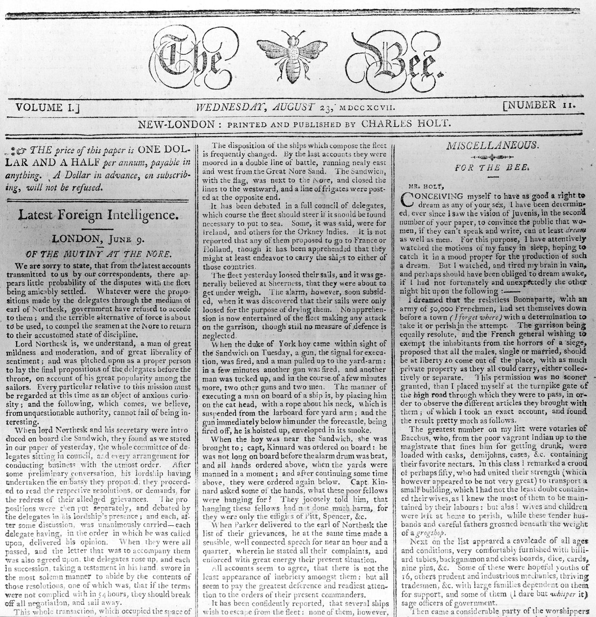 Hlavička časopisu The Bee, vytištěno 23. srpna 1797 (tisk) od American School