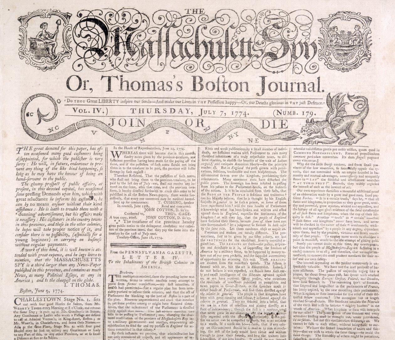Tiráž špióna Massachusetts 7. července 1774 (tisk) od American School
