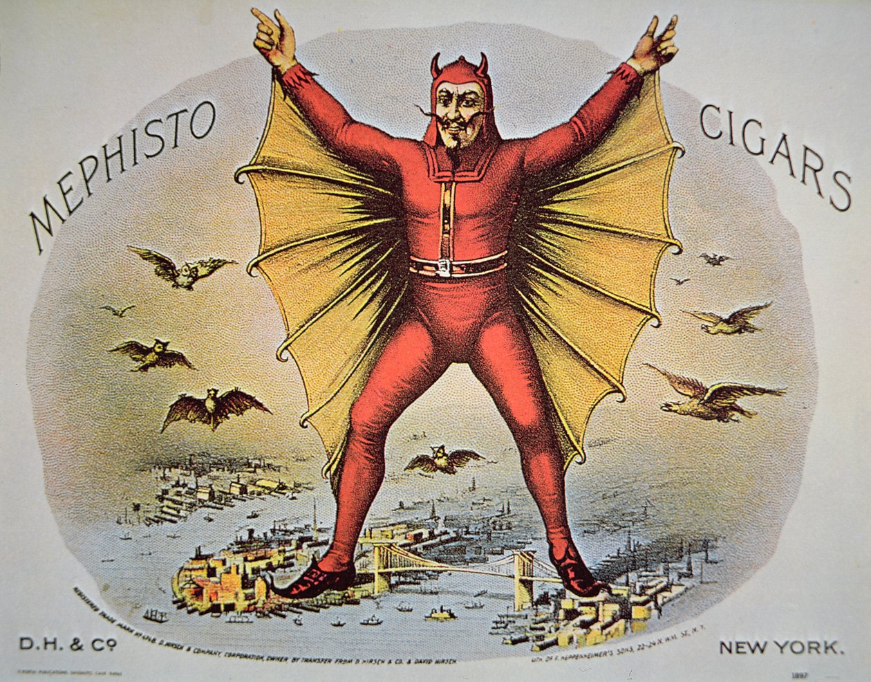Štítek Mephisto Cigars, vytištěný syny F. Heppenheimera, New York od American School