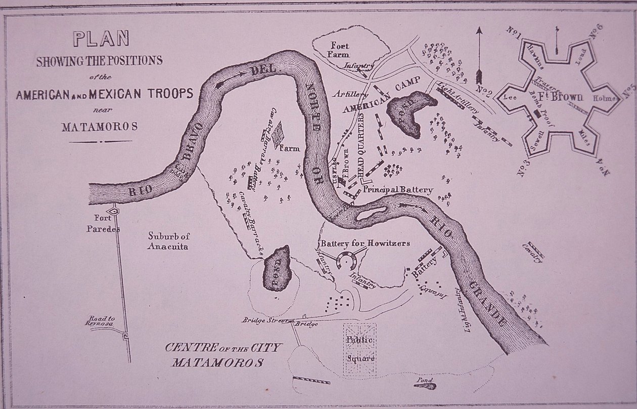 Mexicko-americká válka (1846-48), mapa amerických jednotek poblíž Rio Grande a Matamoros od American School