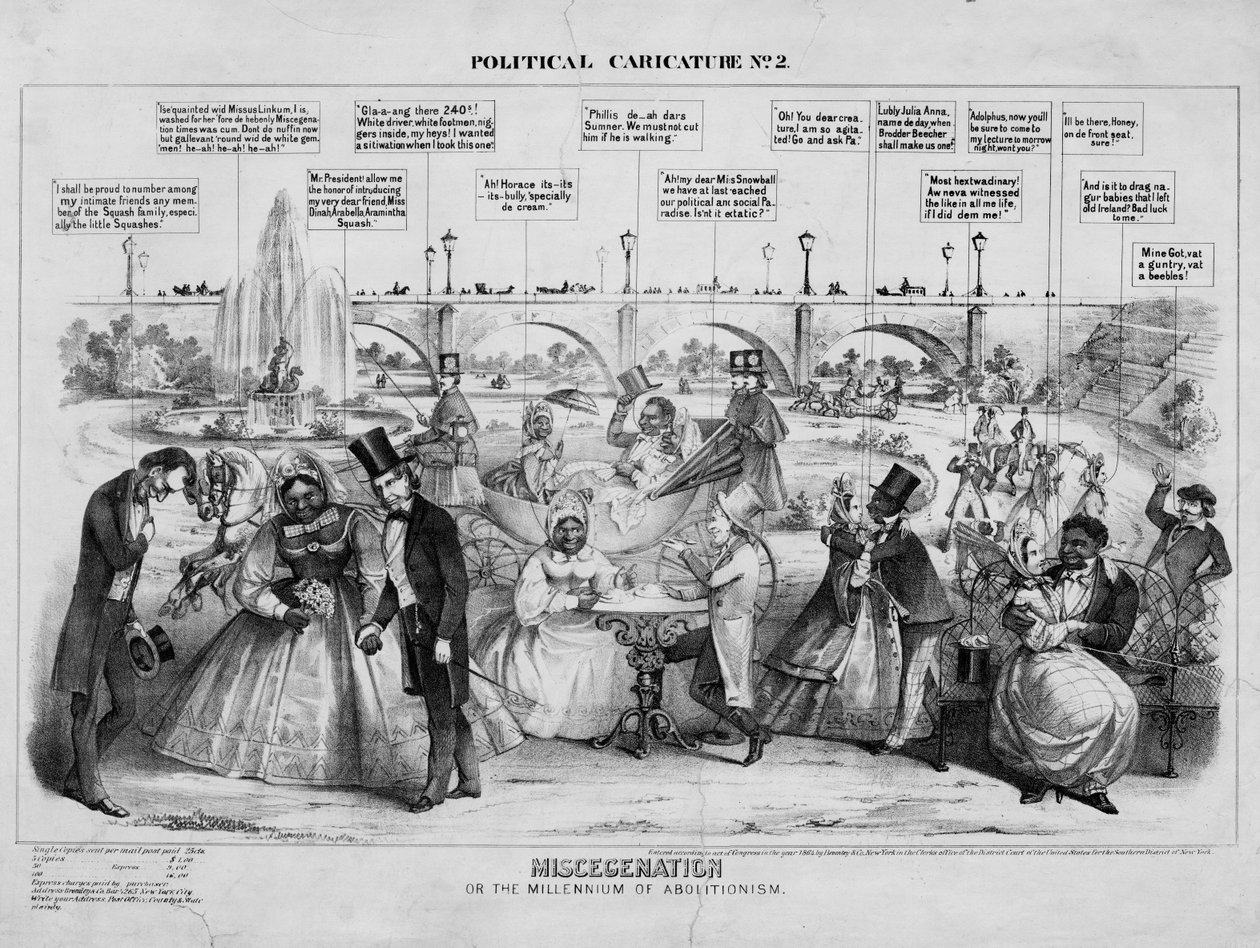 Miscegenation, neboli Milénium abolicionismu, vydal Bromley & Co., New York, 1864 od American School