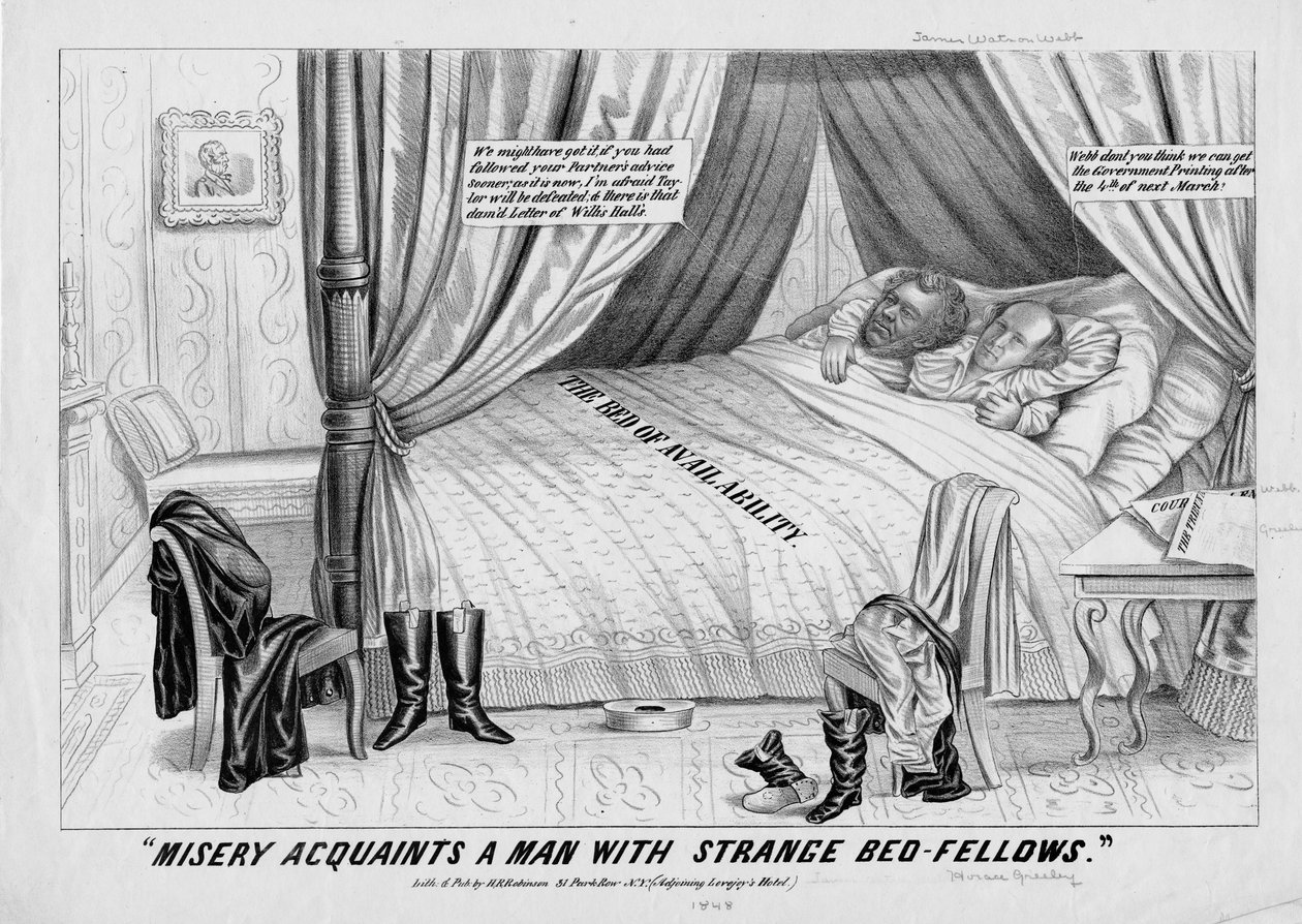 Misery seznamuje muže s podivnými spolubydlícími v posteli, publikoval H R Robinson, New York, 1848 od American School