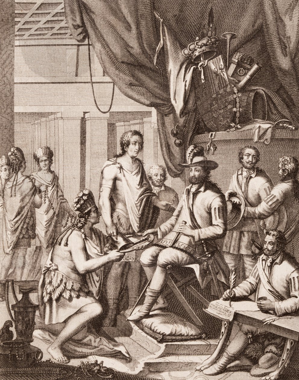 Montezuma předává svou říši španělskému králi, vzdává mu hold a slibuje poslušnost, od Antonia de Solis y Rivadeneira Solis Historie dobytí Mexika, vyryla Ximeno od American School