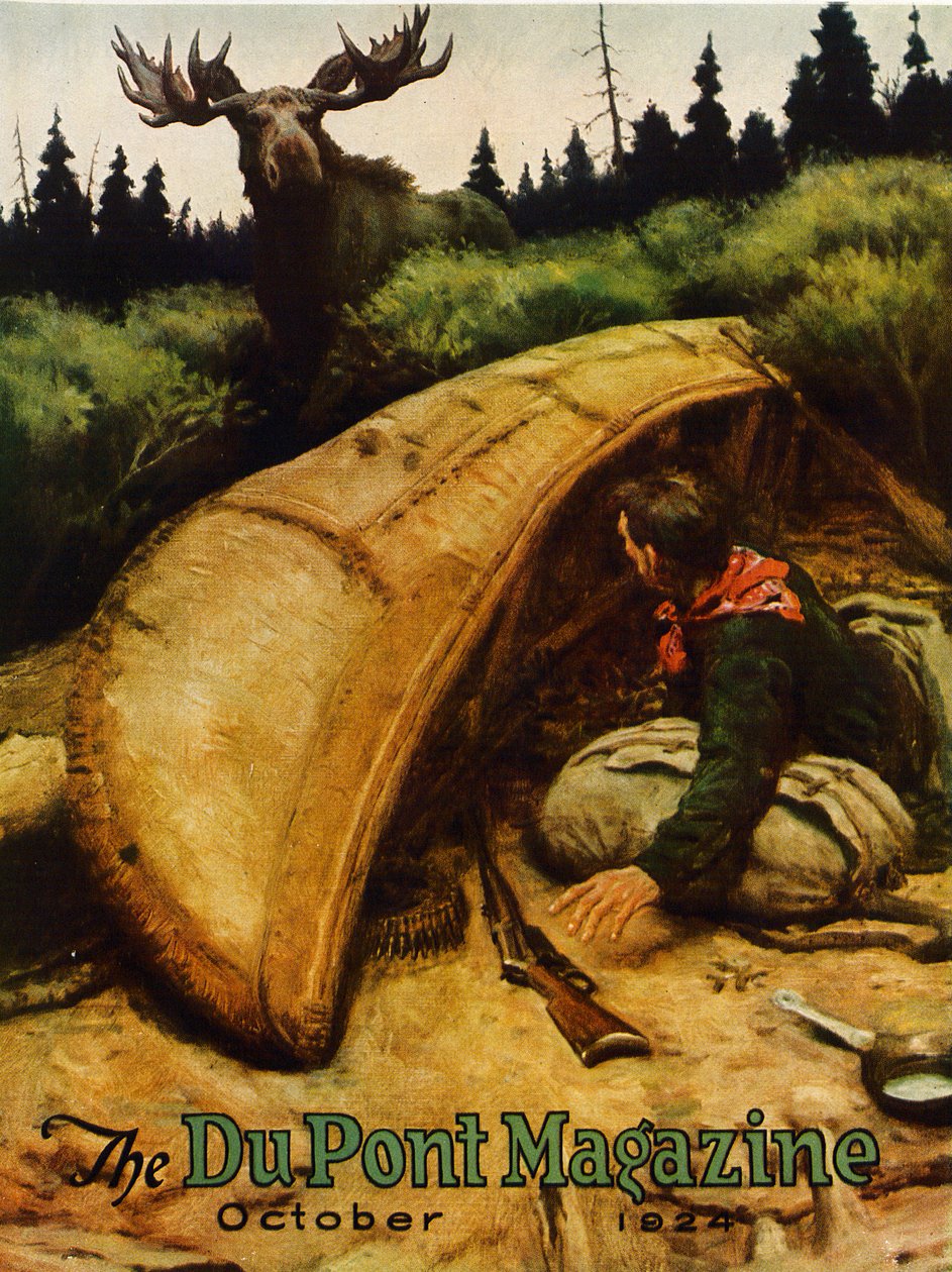 Moose attack!, přední obálka časopisu DuPont, říjen 1924 od American School