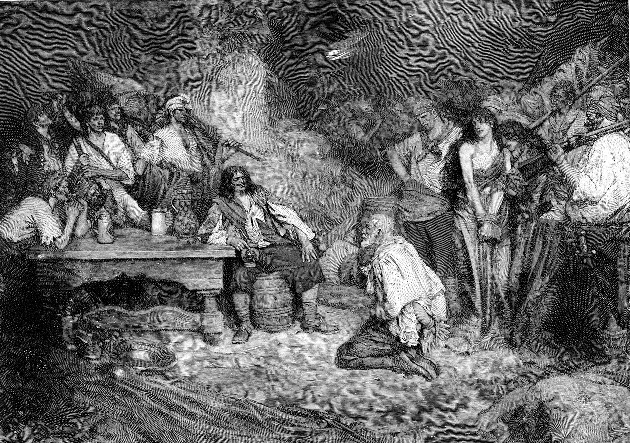 Morgan v Porto Bello po „Buccaneers and Marooners of the Spanish Main“ od Howarda Pylea od American School