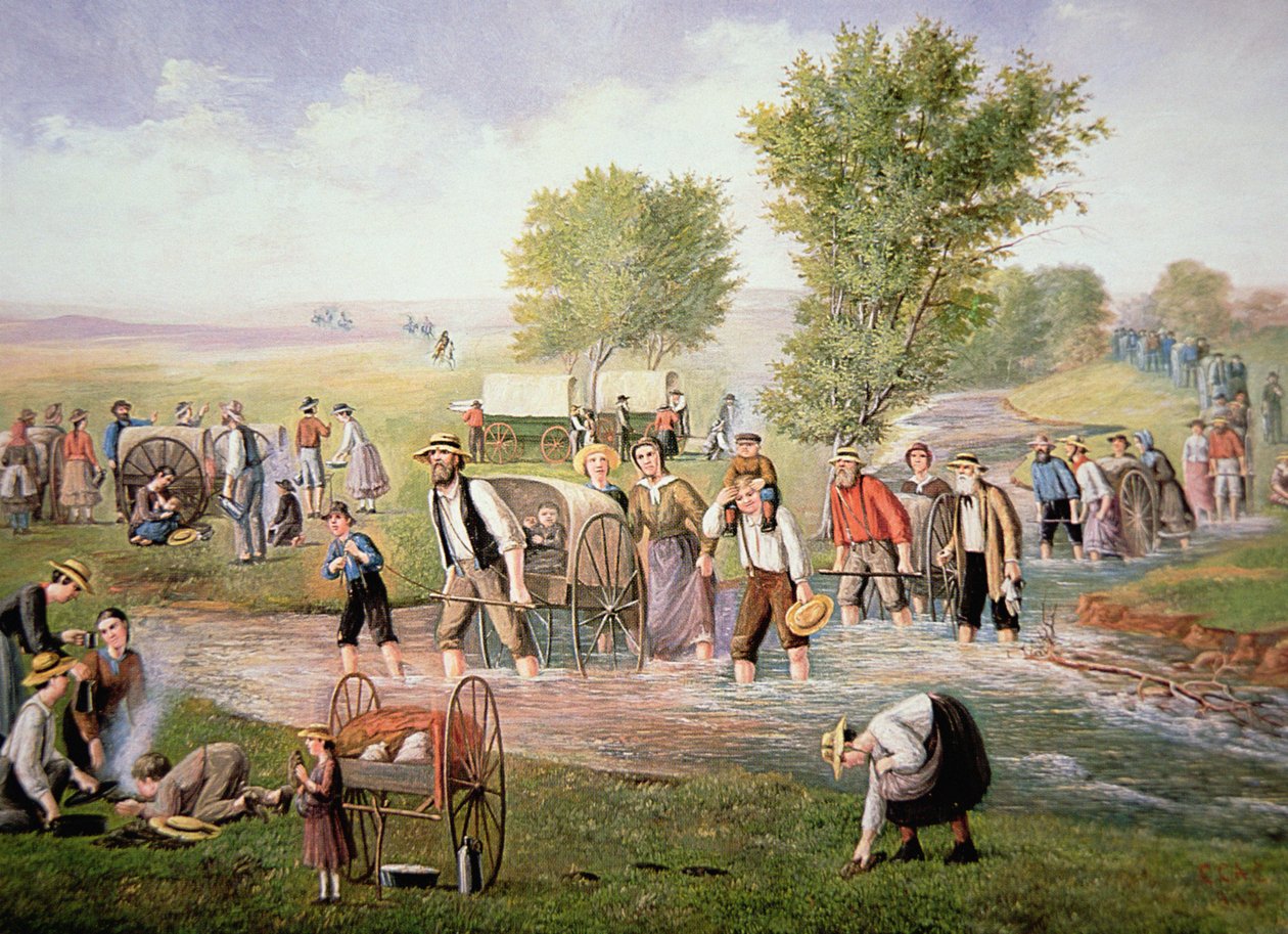 Mormonští pionýři táhnoucí ruční vozíky na dlouhé cestě do Salt Lake City v roce 1856 (barevná litografie) od American School