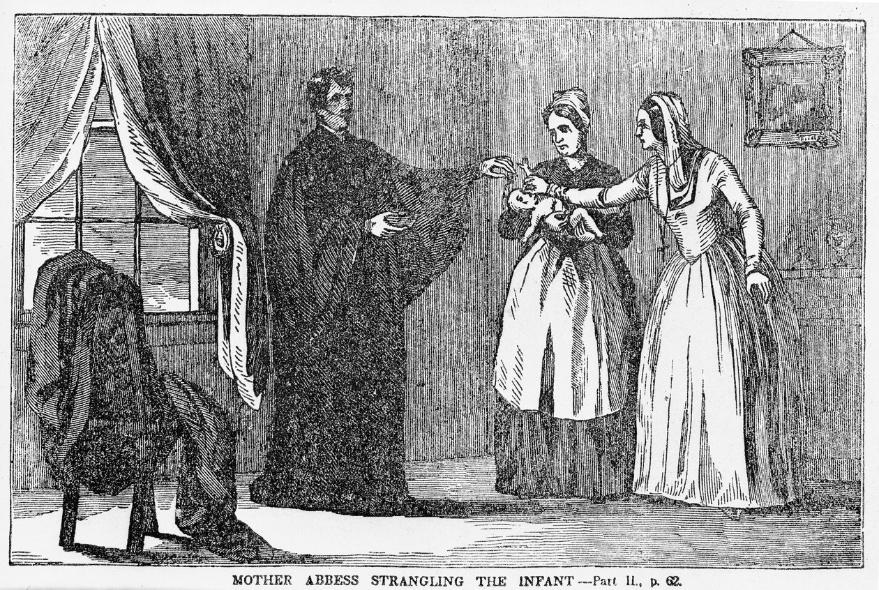 Matka abatyše škrtí nemluvně, ilustrace z antikatolické brožury od American School
