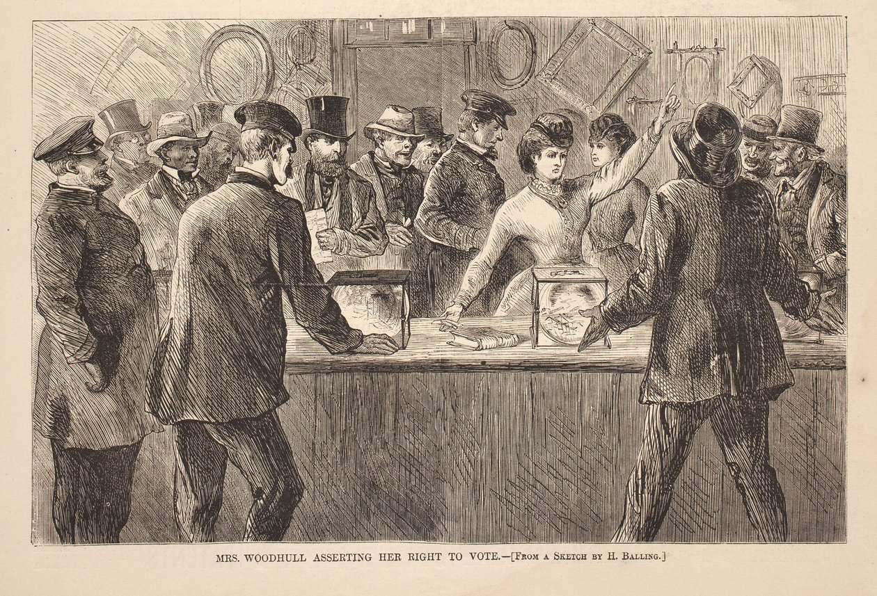 Paní Woodhull prosazuje své právo volit, rytina z Harper’s Weekly, 25. listopadu od American School