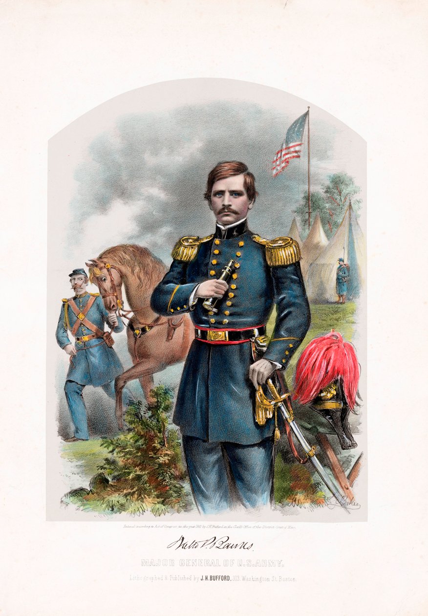 Nathaniel P. Banks, generálmajor U.S. Army, hospoda. 1861 barevná litografie od American School