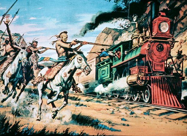 Útok indiánských bojovníků na "železného koně" (olej na plátně) od American School