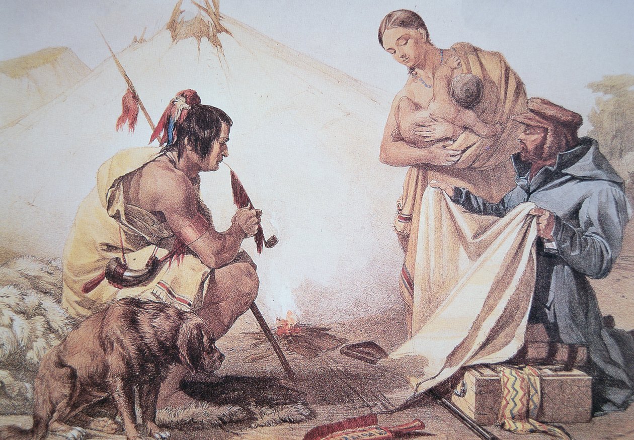 Domorodí Američané obchodující s kožešinou (barva litho) od American School