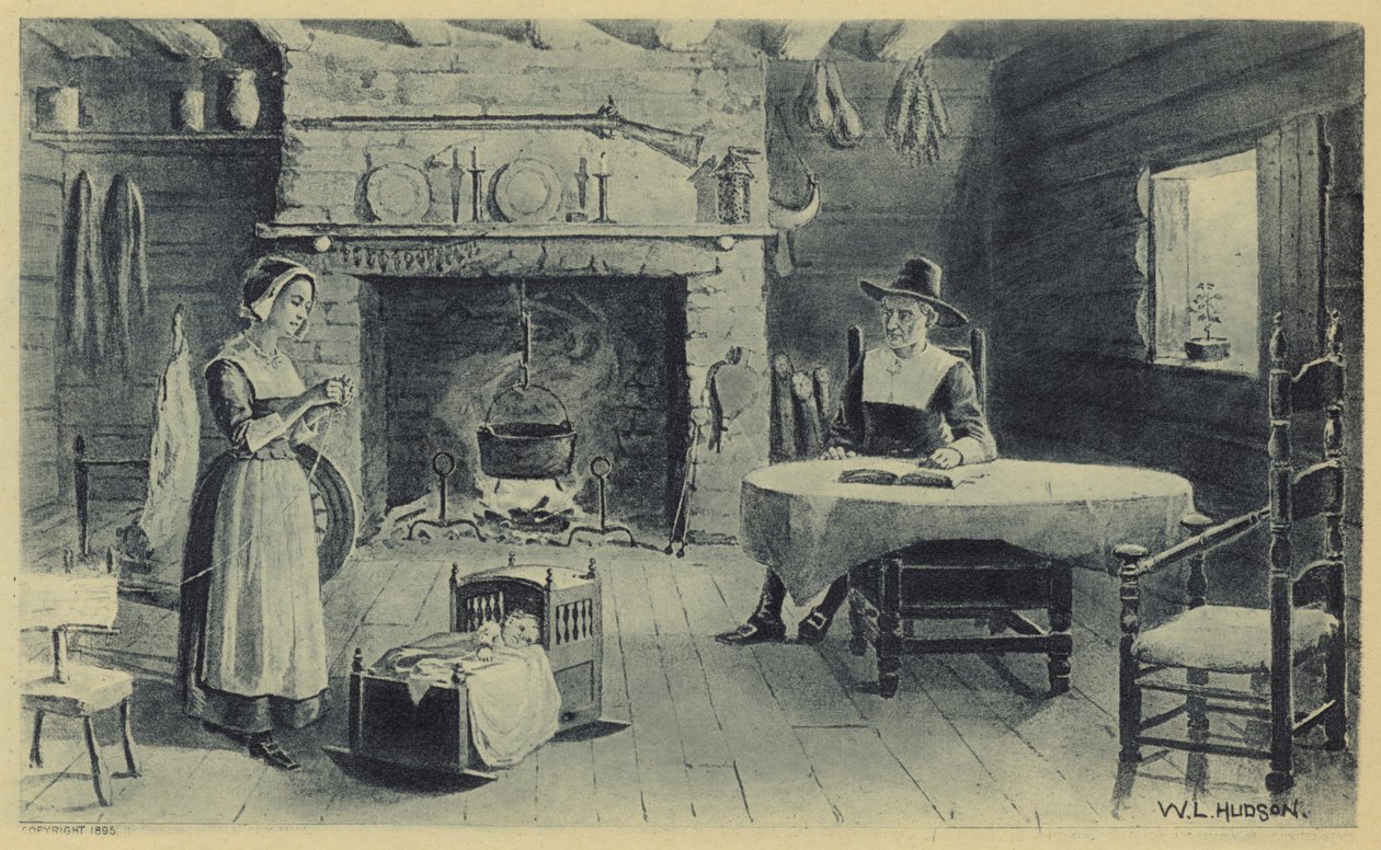 Domov průkopníků Nové Anglie (litografie) od American School
