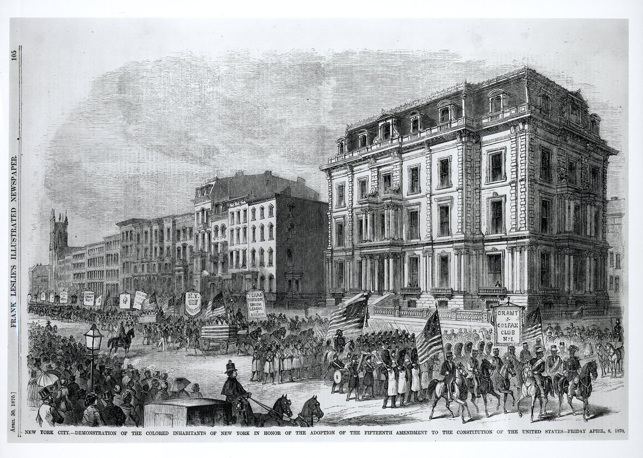 New York City: Demonstrace barevných obyvatel New Yorku na počest přijetí patnáctého dodatku k ústavě Spojených států, 8. dubna 1870, z 