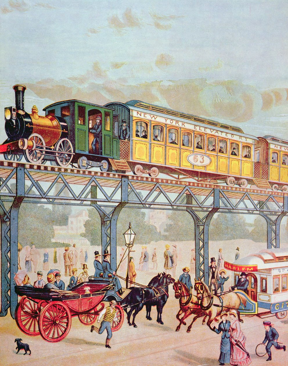 New York Elevated Railway, cca 1880 (barevné lito) od American School