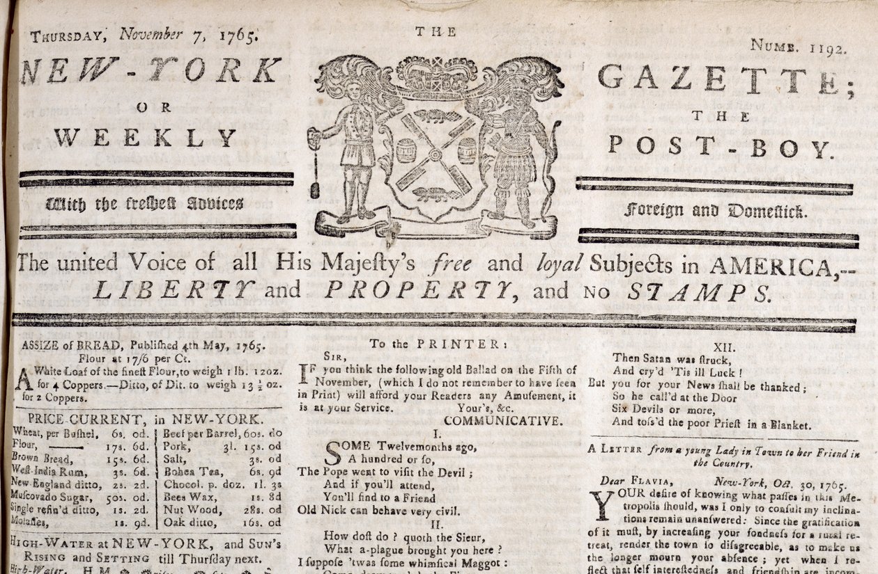 Tiráž New York Gazette vyjadřující svůj odpor ke známkám, vytištěno 7. listopadu 1765 (tisk) od American School