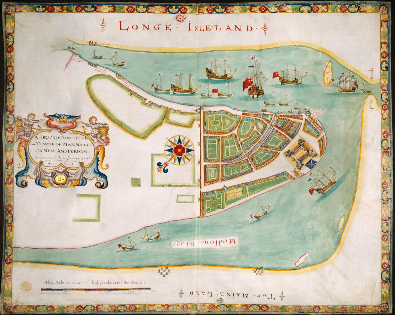 New York: plán Manhattanu, Long Islandu, řeky Hudson a Nového Amsterdamu od American School