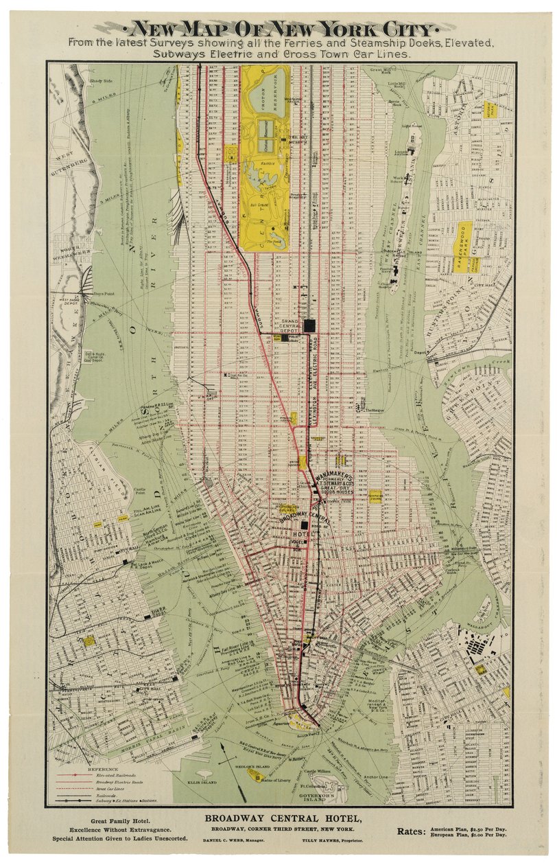 Nová mapa New Yorku z nejnovějších průzkumů ukazující všechny trajekty a doky parníků, vyvýšená, elektrická [sic] metra a linky pro auta napříč městem od American School