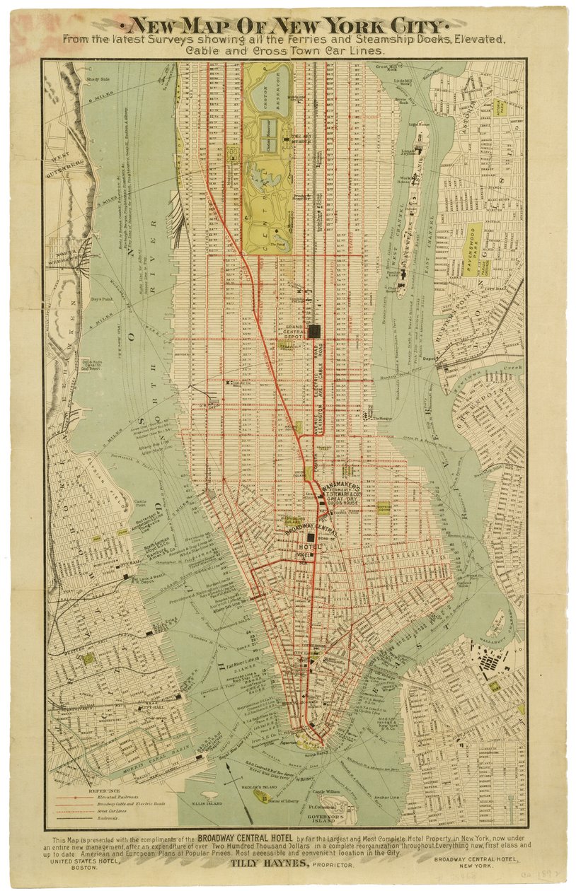 Nová mapa New York City z nejnovějších průzkumů zobrazující všechny trajekty a doky parníků, nadzemní, elektrické [sic] podzemní dráhy a linky pro auta napříč městem. od American School