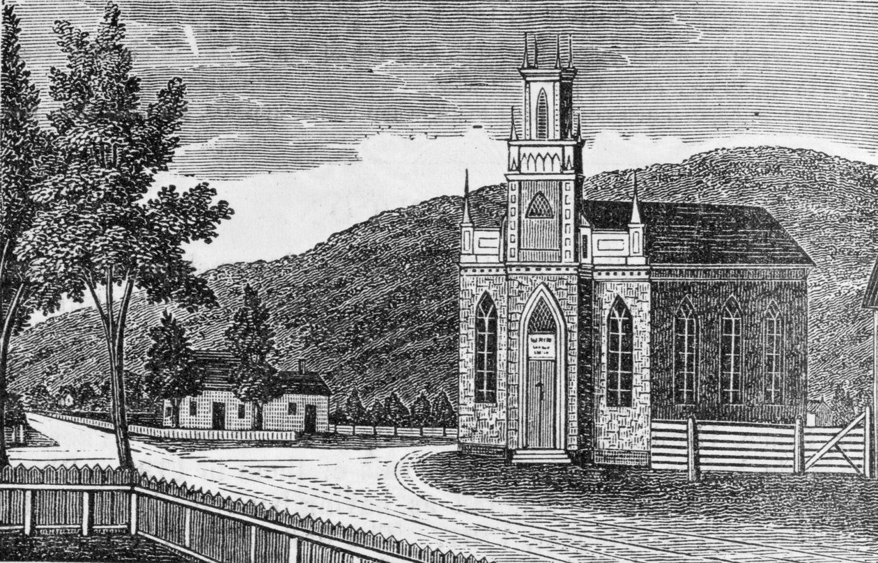 Severovýchodní pohled na episkopální kostel, Kent, z „Connecticut Historical Collections“, John Warner Barber, 1856 od American School