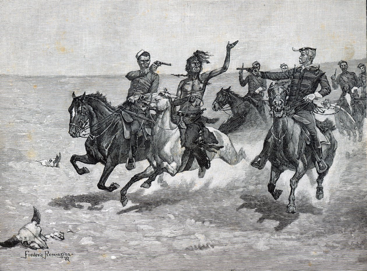 Severozápadní jízdní policie „Zatčení vraha Blackfeet“ (litho) od American School