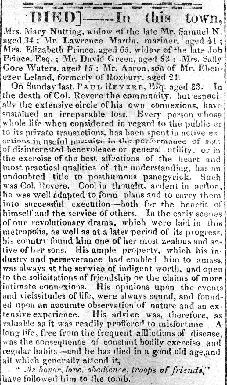 Nekrologní stránka z Boston Intelligencer, 16. května 1818 (tisk) od American School