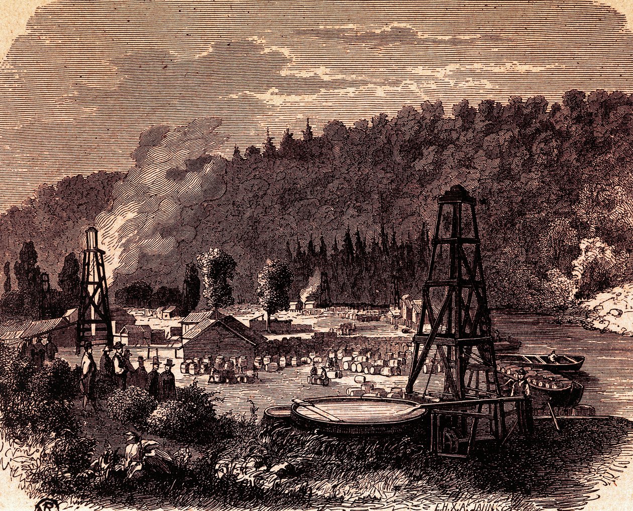 Ropná pole v Titusville v Pensylvánii, s prvním vrtem Derrick, který vynalezl Edwin Laurentine Drake v roce 1859, rytina, USA od American School