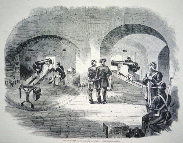 „Jedna z deseti bočních kasematových baterií ve Fort Dickens na Floridě“, pod kontrolou Unie v roce 1861 (litho) od American School