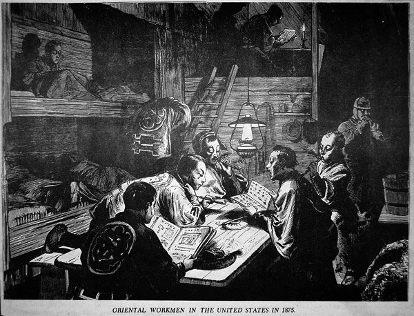 Orientální (čínští) dělníci ve Spojených státech v roce 1875 (litho) od American School