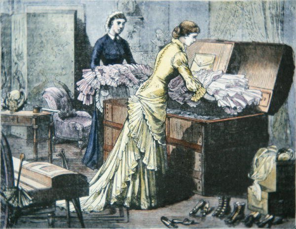 Balení kufru Saratoga na cestu vlakem do Saratoga Springs, New York, kolem roku 1880 (barevná rytina) od American School