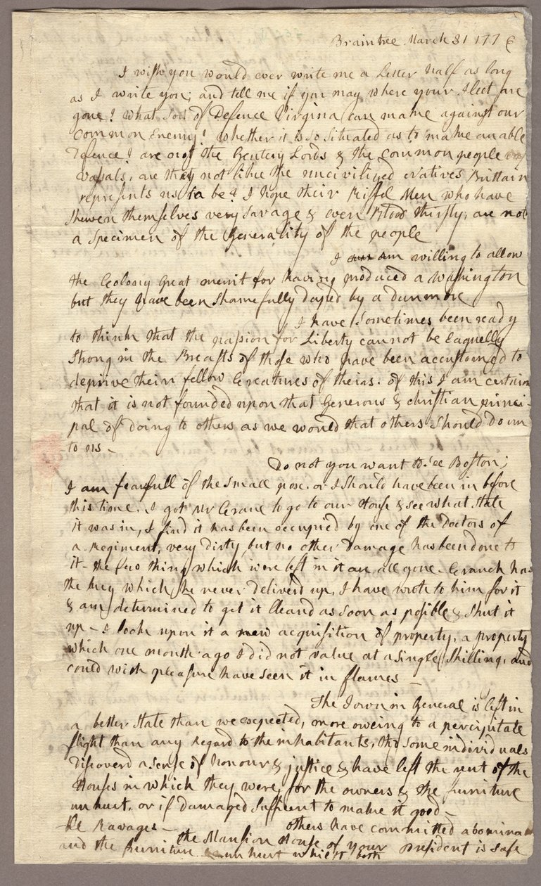 Strana 1, Dopis Abigail Adamsové Johnu Adamsovi, 31. března – 5. dubna 1776 (inkoust na papíře) od American School