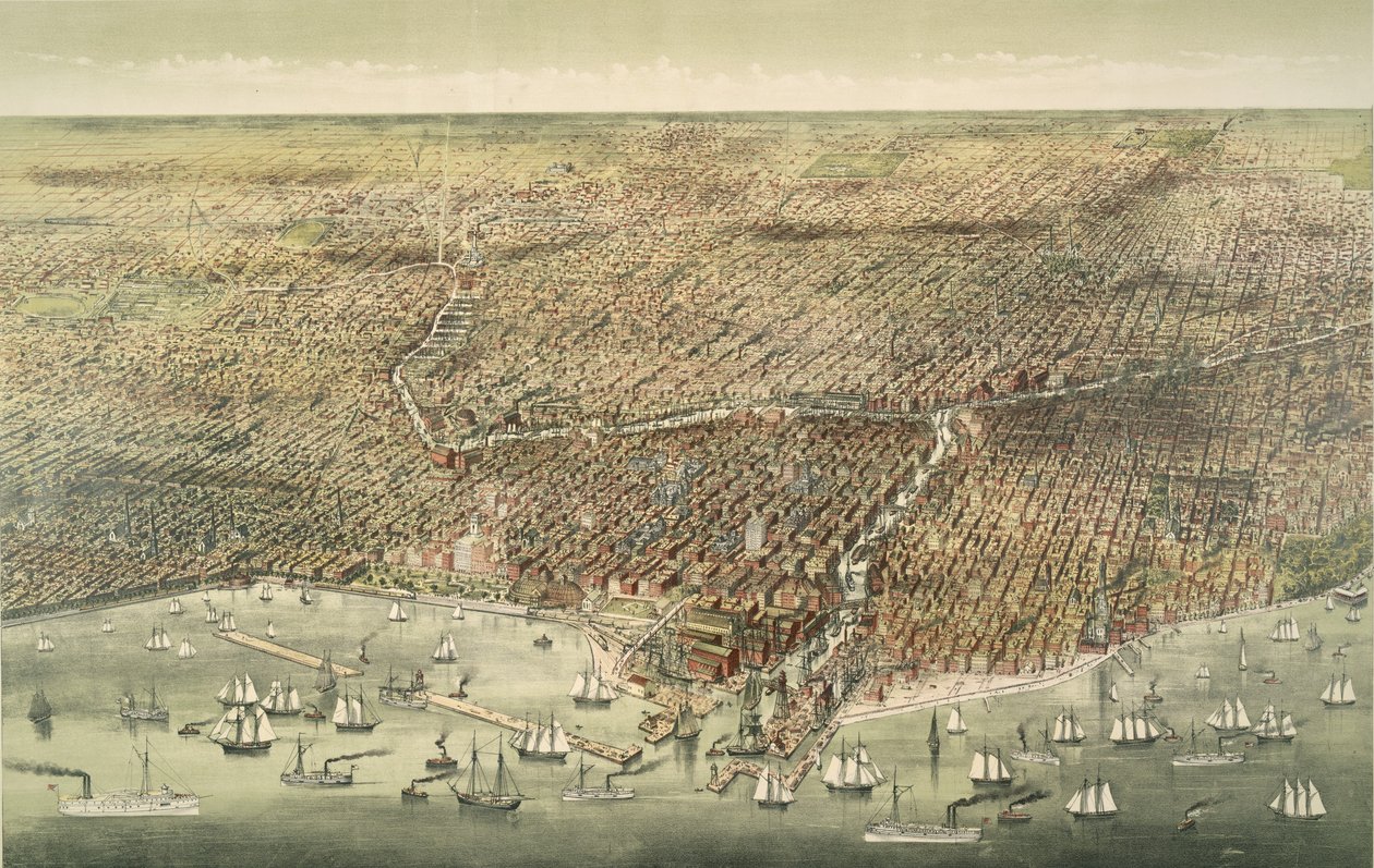 Panoramatický pohled na město Chicago, pub. 1892 (barevná litografie) od American School