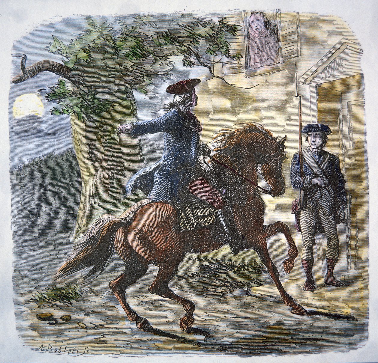 Slavná jízda Paula Revereho v noci 18. dubna 1775 (barevné lito) od American School