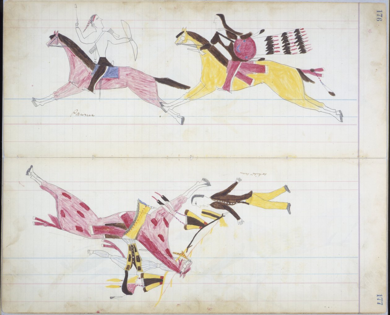 Pawnee pronásledovaný Cheyennem a běloch zabitý Crooked Lance, ilustrace z knihy „Black Horse Ledger“ od American School