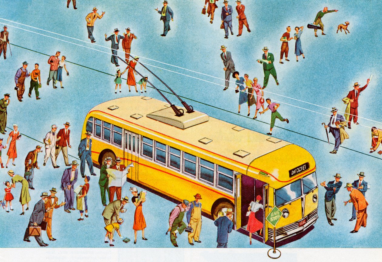 Chodci nastupují do městského autobusu od American School