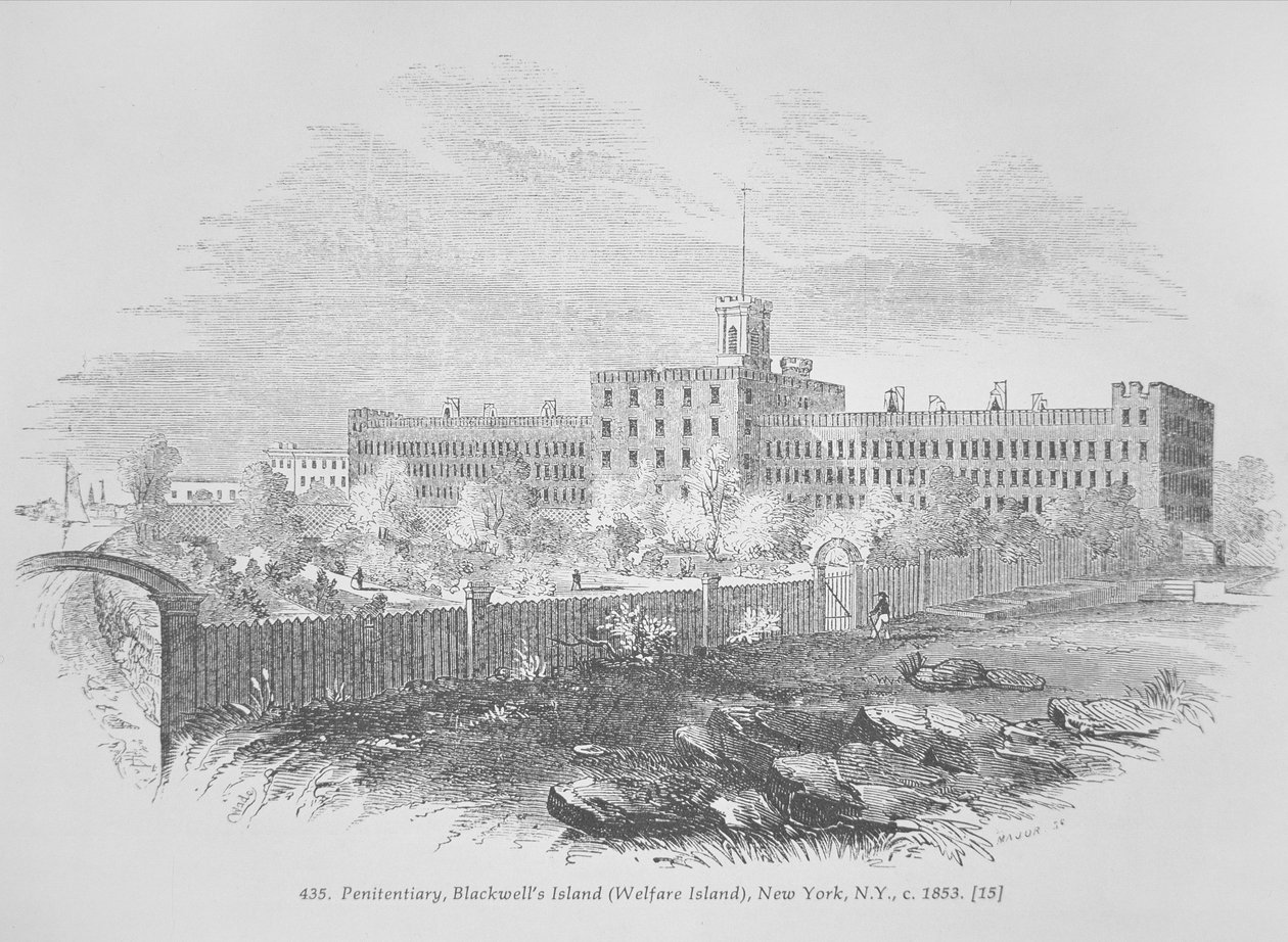 Věznice na Blackwellově ostrově (ostrov blahobytu) New York, kolem roku 1853 (rytina) od American School