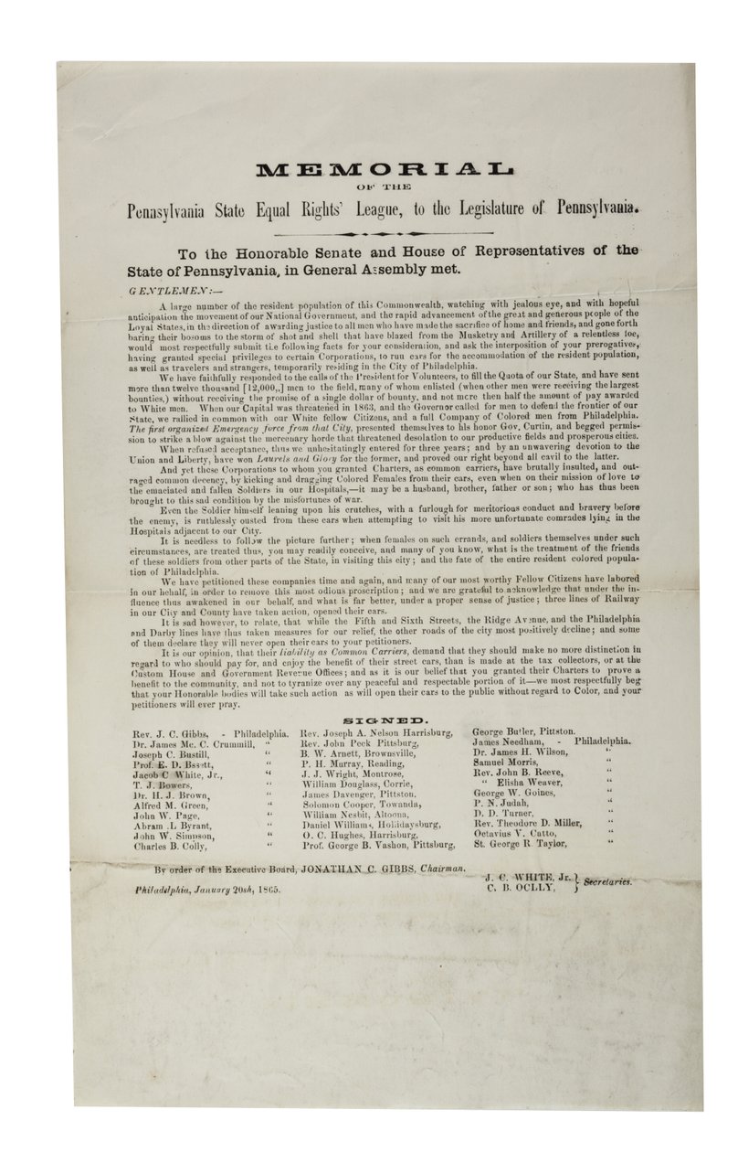 Pennsylvania State Equal Rights League, Memorial of the Pennsylvania State Equal Rights League, zákonodárnému sboru Pennsylvánie, 20. ledna 1865 od American School