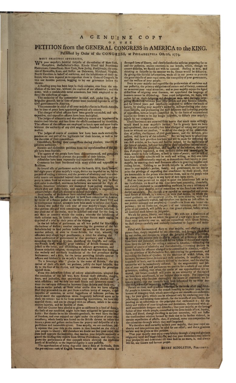 Petice z Generálního kongresu v Americe králi, Kontinentální kongres, 26. října 1774 od American School