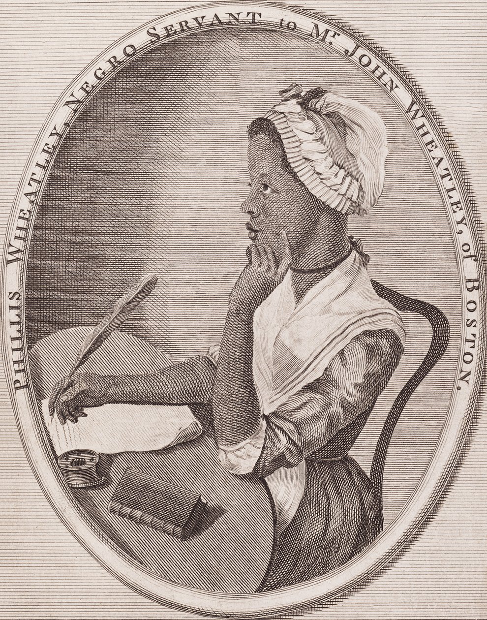 Philiis Wheatley (1753–1784). Afroamerická básnířka. Rytina na titulní straně její sbírky „Poems“ (Básně) z roku 1773. od American School