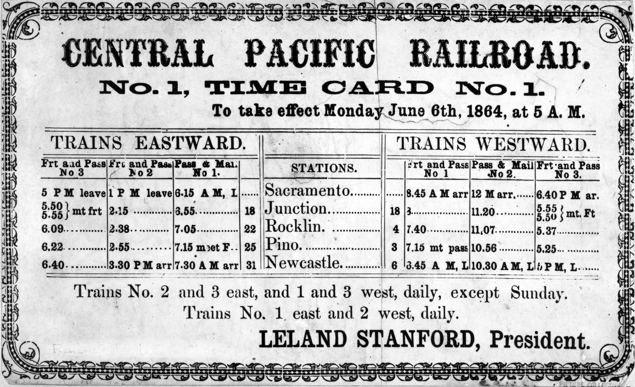 Fotografický tisk původního jízdního řádu Central Pacific Railroad Companys pro 6. června 1864, 1864 od American School