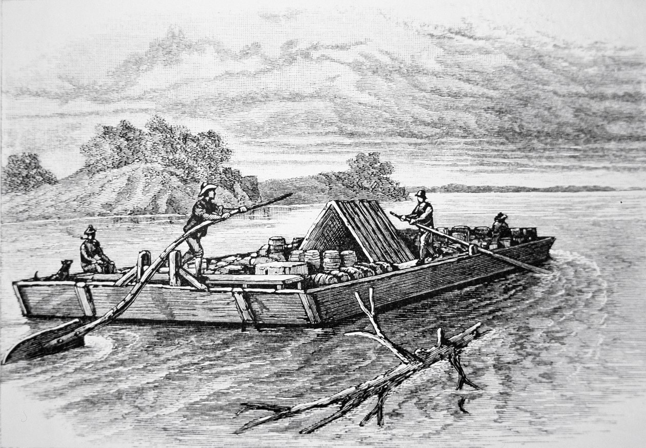 Pioneer flatboat na řece Mississippi, c. 1840 (rytina) od American School