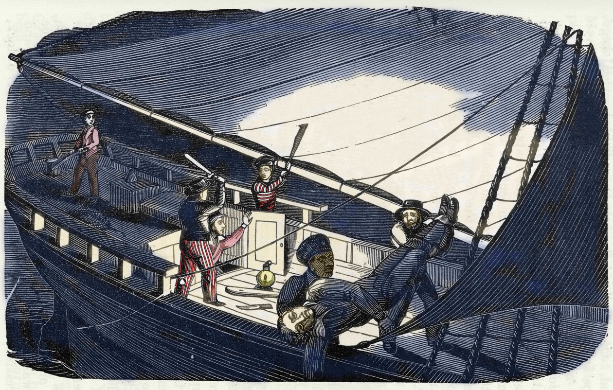 Pirát Charles Gibbs (počátek 19. století) zabije kapitána Thornbyho a hodí ho do moře. Rytina z knihy "The pirate own book" z roku 1837. od American School