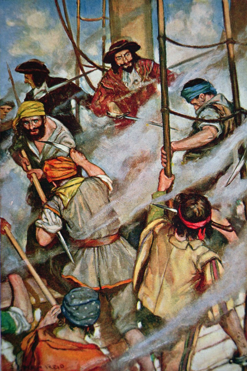 Piráti nastupují na loď obětí (barevně lito) od American School