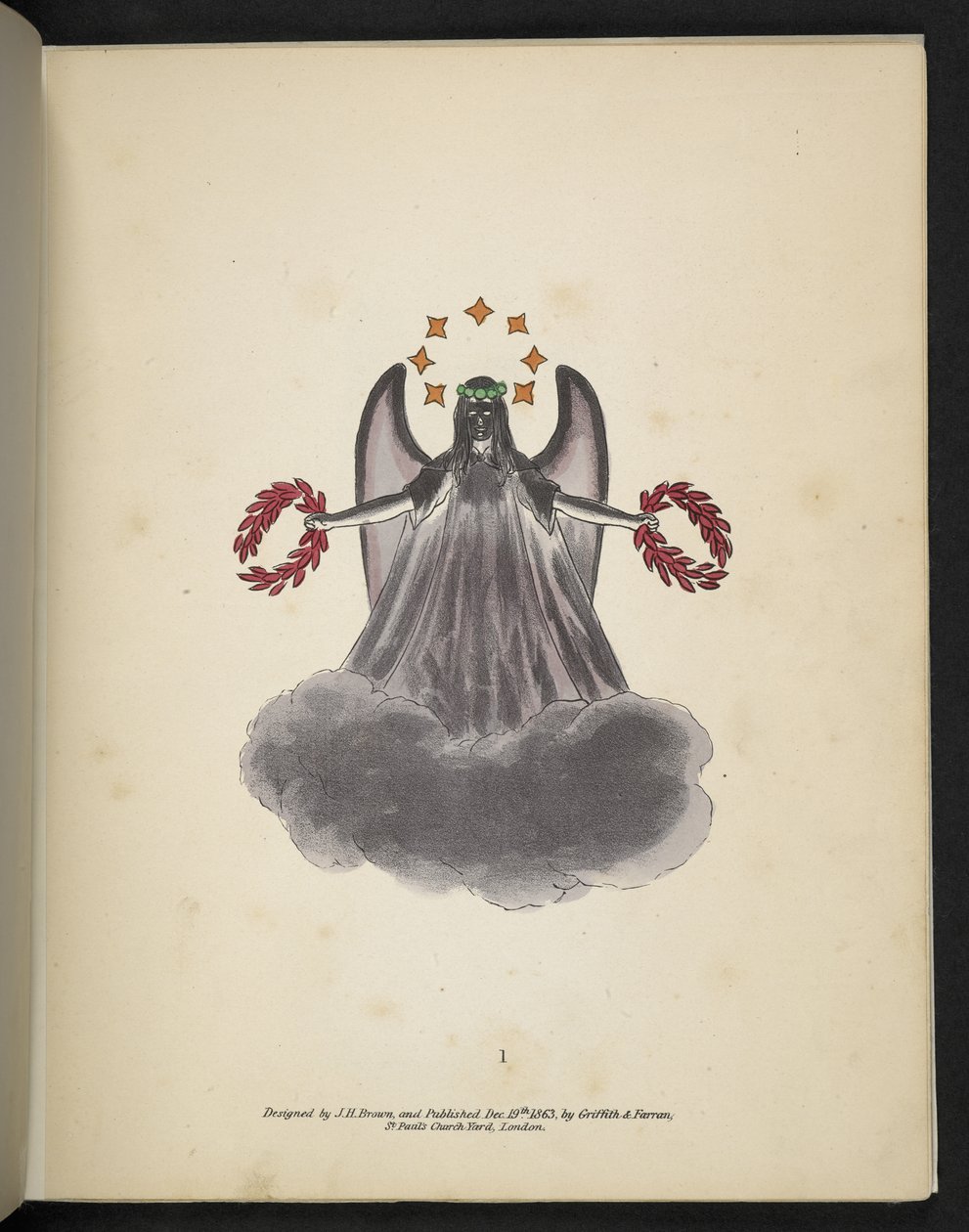 Talíř 1. Temný anděl.  Spectropia; nebo, Překvapivé spektrální iluze ukazující duchy všude a jakékoliv barvy atd. ser. 1.  J.H. Hnědý,  1864 od American School
