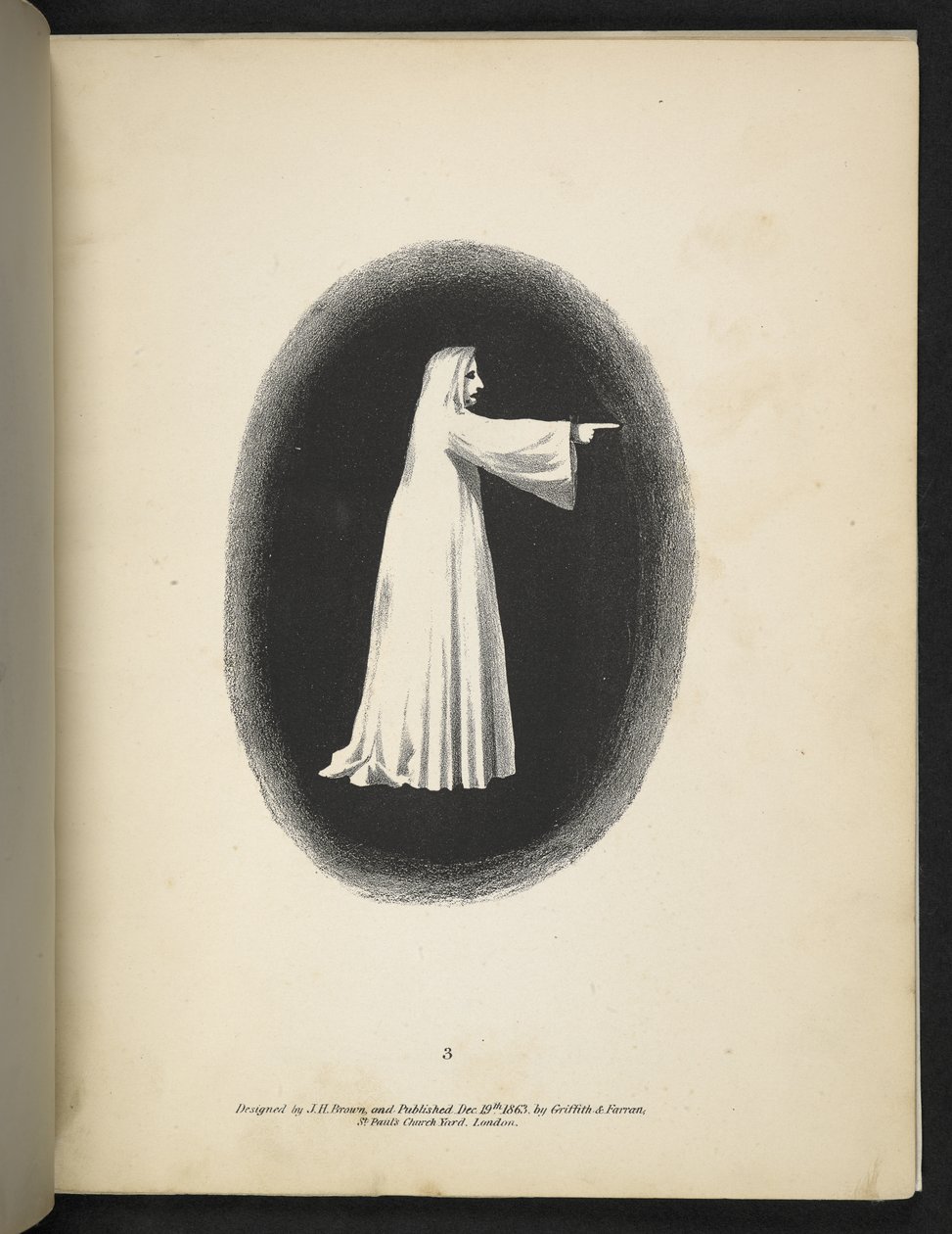 Talíř 3. Duch v bílém.  Spectropia; nebo, Překvapivé spektrální iluze ukazující duchy všude a jakékoliv barvy atd. ser. 1.  J.H. Hnědý  1864 od American School