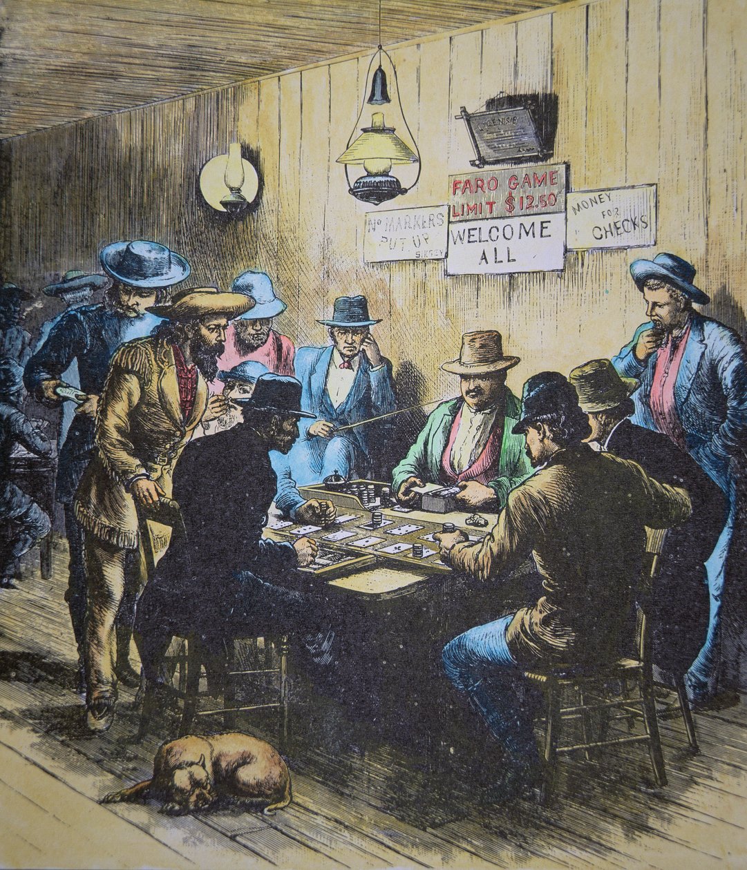 Hra na Faro v saloonu v Cheyenne, Wyoming, kolem roku 1870 (barevná rytina) od American School