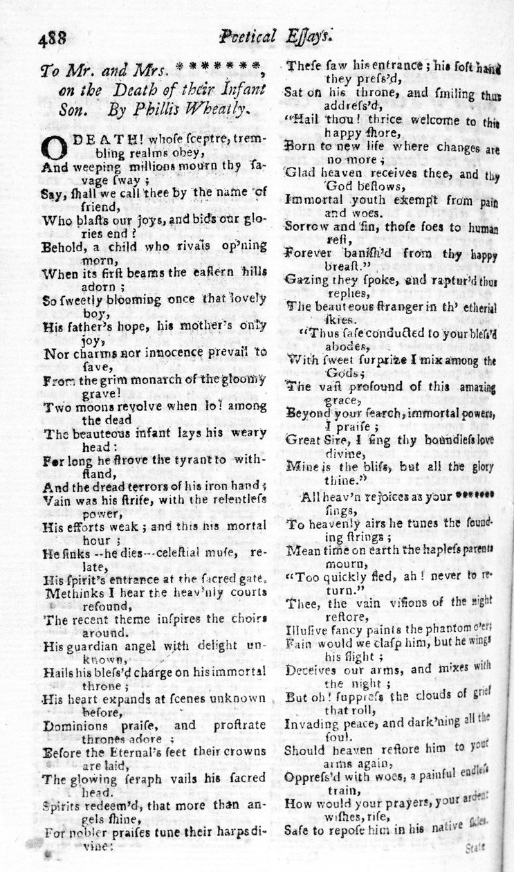 Báseň, kterou napsal páru o smrti jejich dítěte Phillis Wheatly, publikovaná v Boston Magazine, 1783-84 (tisk) od American School