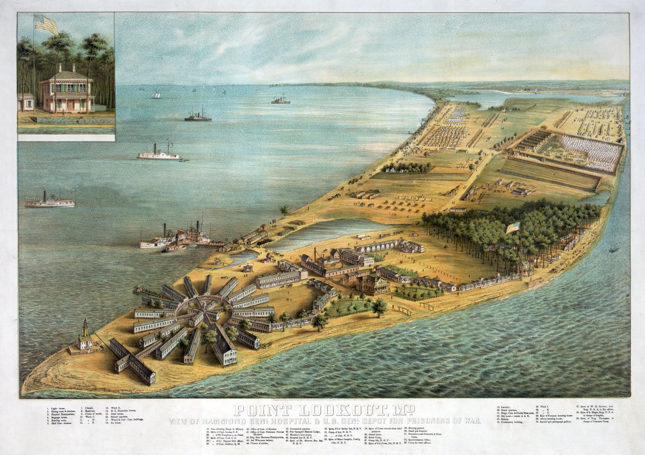 Point Lookout, MD - Pohled na Hammond General Hospital a U.S. General Depot for Prisoners of War, hospoda. 1864 od American School