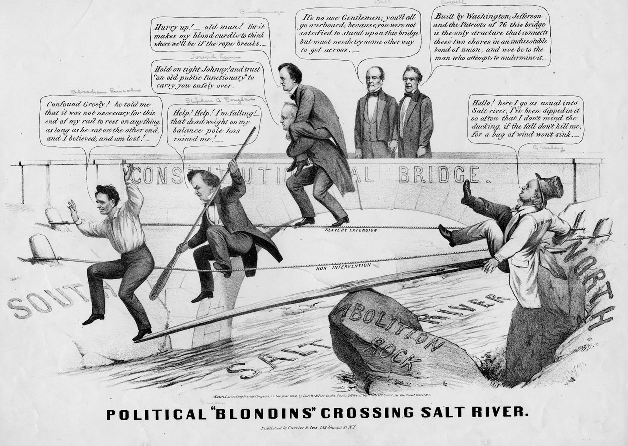 Political Blondins Crossing Salt River, publikoval Currer & Ives, New York, 1860 od American School